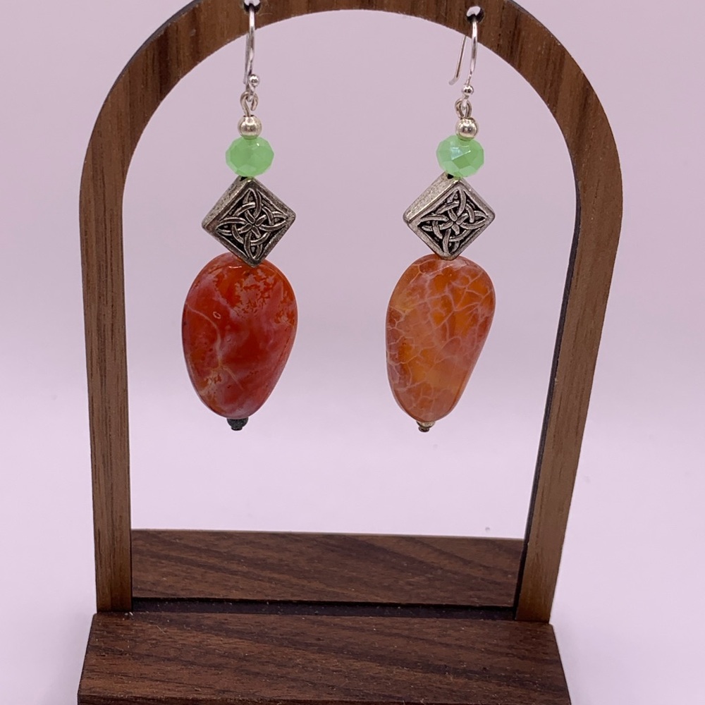 Celtic Style Earrings with Jadite and Snakeskin Agate - Picture 4 of 7